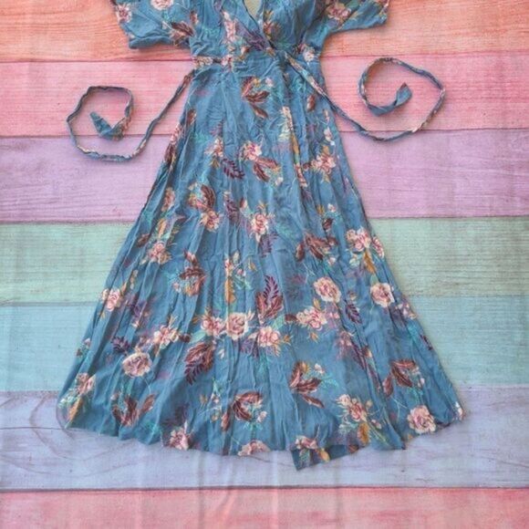 Skylar + Madison Blue Floral Wrap Open Back Boho Maxi Dress Small Summer - Picture 3 of 6